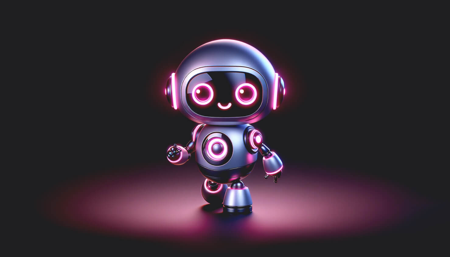 Stylized robot character with glowing pink eyes and circular patterns on a dark background, symbolizing worry-free AI project development from inception to launch.