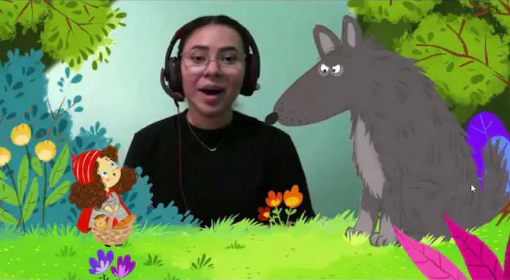 Enhanced high-resolution video frame of the same person with headphones, with the animated forest scene, child, and wolf now in clearer detail.